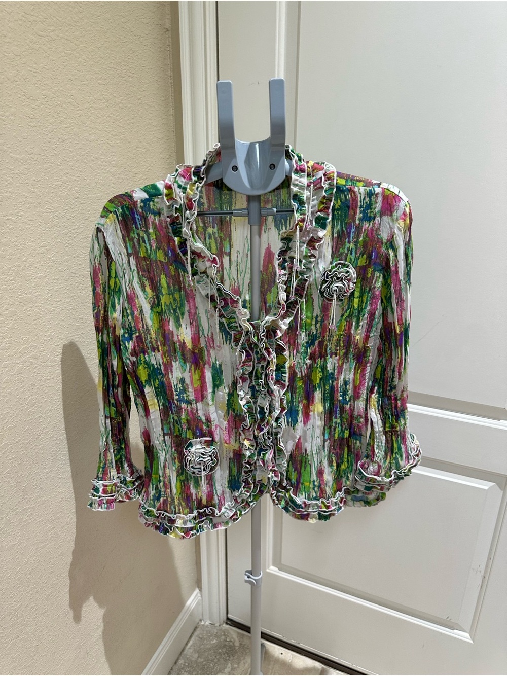 Ruffled Multi-Color Women’s Top - Floral Accent